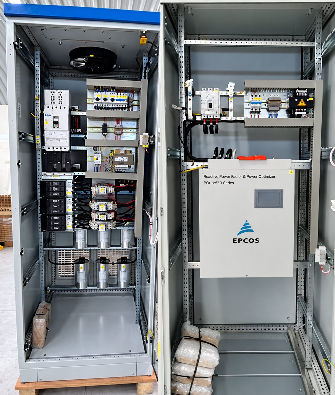 Banco de capacitores EPCOS con optimizador de factor de potencia listo para su instalación