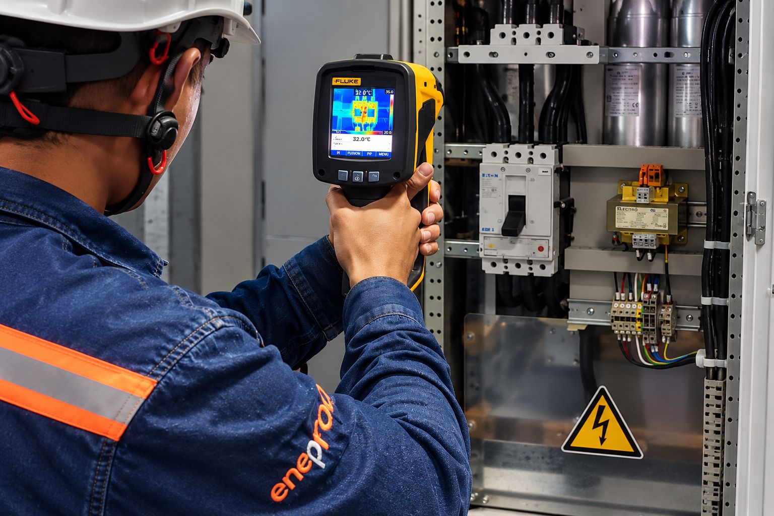 Técnico realizando termografía para calidad de energía en tablero eléctrico
