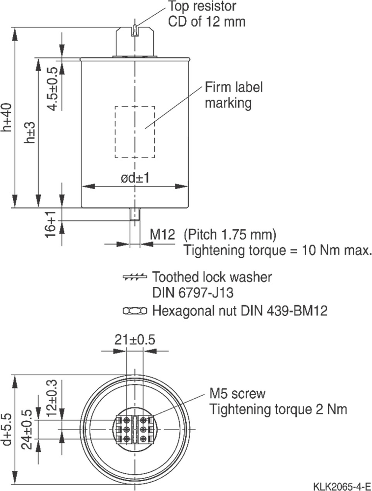 Plano acotado de un capacitor EPCOS PhaseCap con terminal tipo A y B