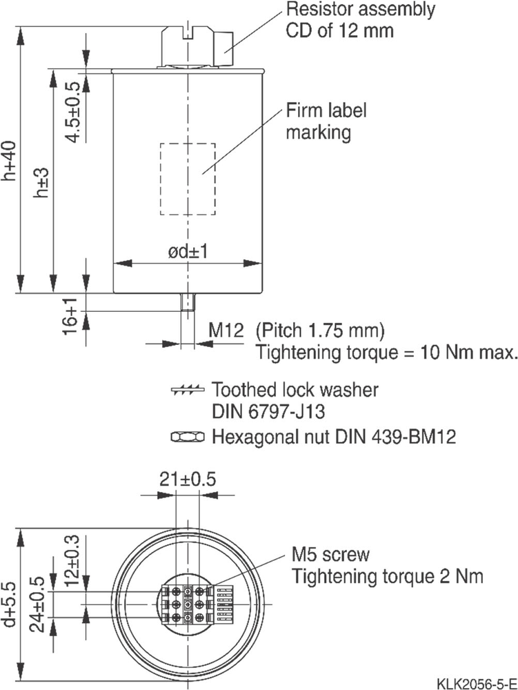 Plano acotado de un capacitor EPCOS PhaseCap con terminal tipo C y D