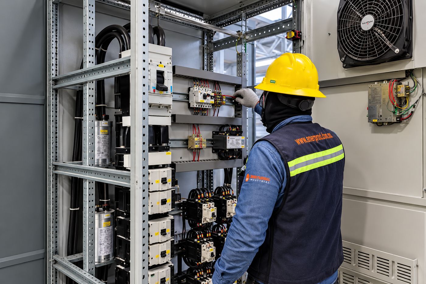 Técnico dando mantenimiento a tablero de distribución de 400 a 2500 amperes