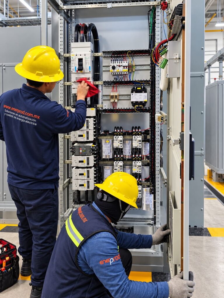 Técnicos dando mantenimiento a tableros eléctricos industriales