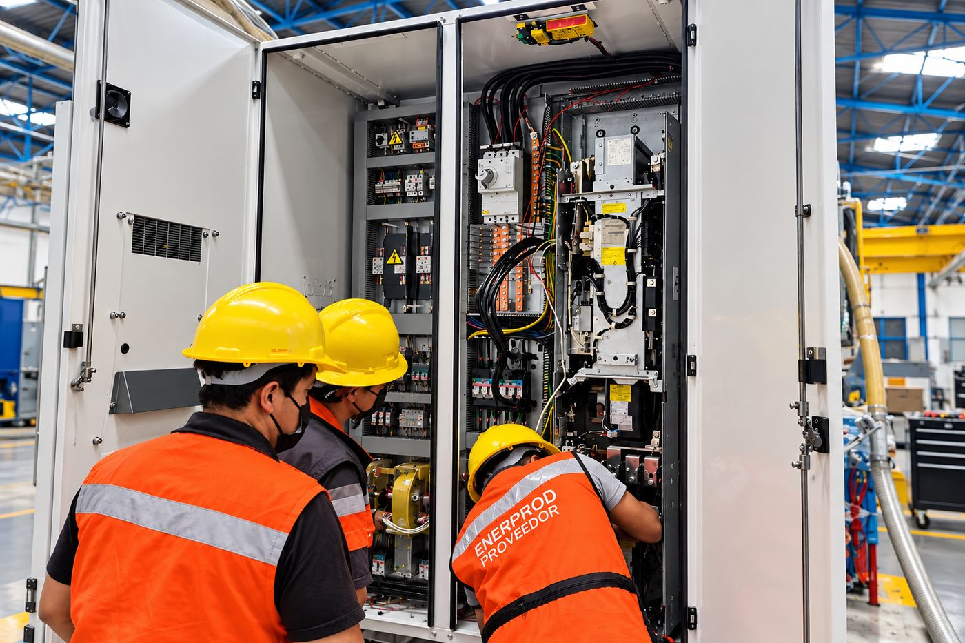 Técnicos instalando tableros eléctricos en planta industrial